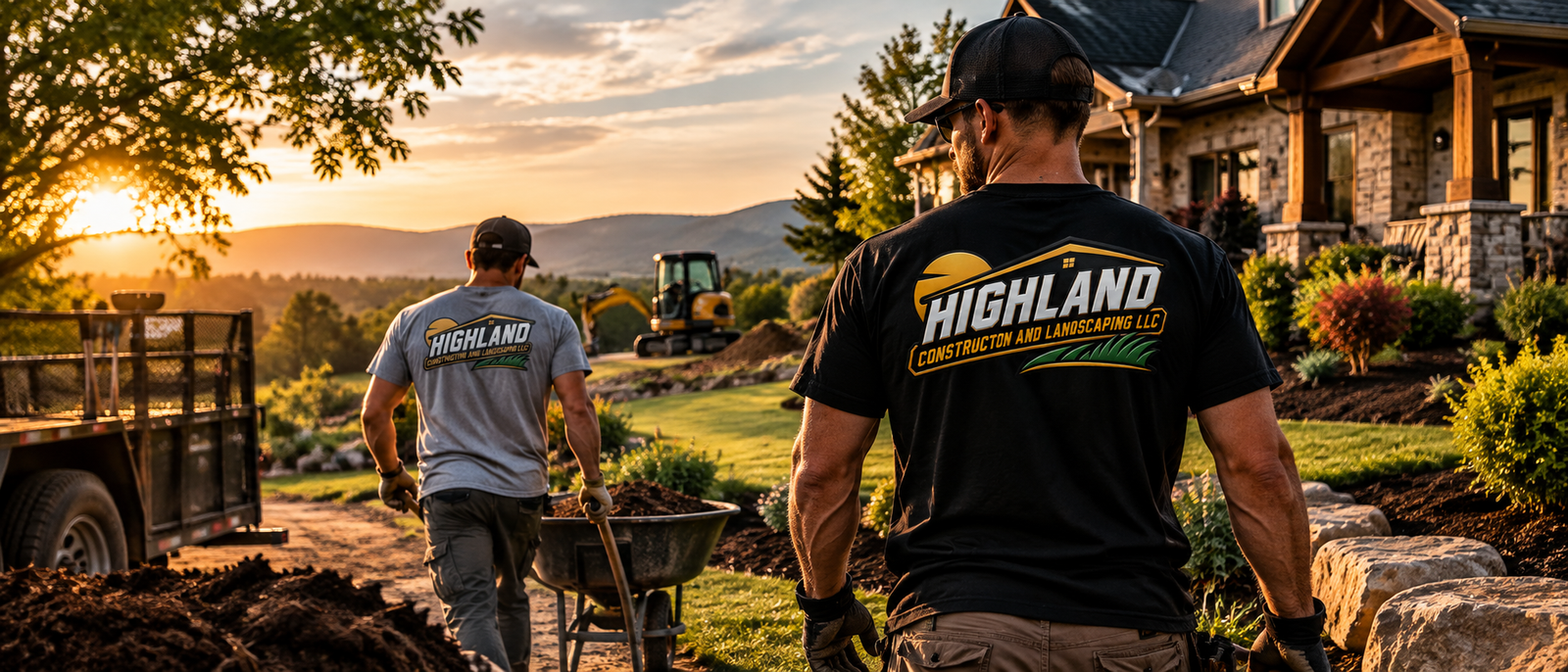Construction and landscape crew at work on a residential project